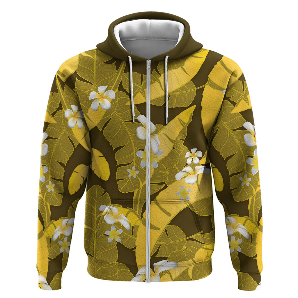 Yellow Banana Leaf Hawaii Zip Hoodie Lau Maia Plumeria Tropical Summer Vibes