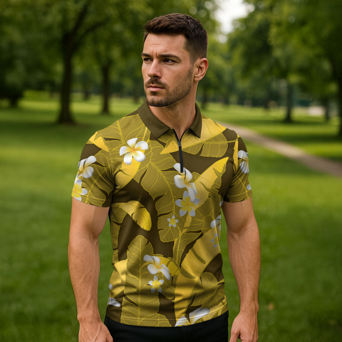 Yellow Banana Leaf Hawaii Zipper Polo Shirt Lau Maia Plumeria Tropical Summer Vibes