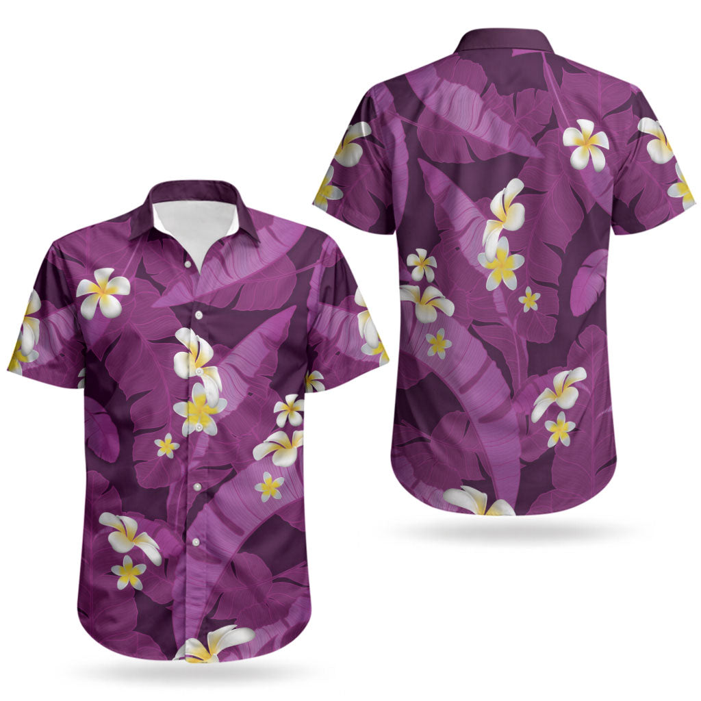 Purple Banana Leaf Hawaii Couples Matching Long Sleeve Bodycon Dress and Hawaiian Shirt Lau Maia Plumeria Tropical Summer Vibes