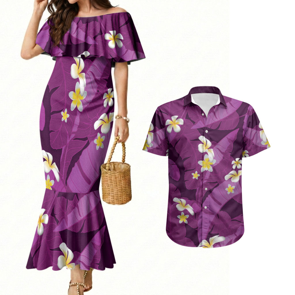 Purple Banana Leaf Hawaii Couples Matching Mermaid Dress and Hawaiian Shirt Lau Maia Plumeria Tropical Summer Vibes