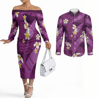 Purple Banana Leaf Hawaii Couples Matching Off The Shoulder Long Sleeve Dress and Long Sleeve Button Shirt Lau Maia Plumeria Tropical Summer Vibes