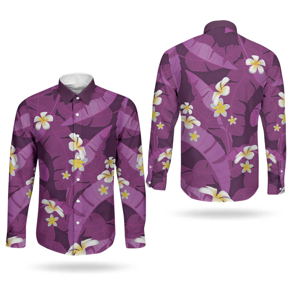 Purple Banana Leaf Hawaii Couples Matching Off The Shoulder Long Sleeve Dress and Long Sleeve Button Shirt Lau Maia Plumeria Tropical Summer Vibes