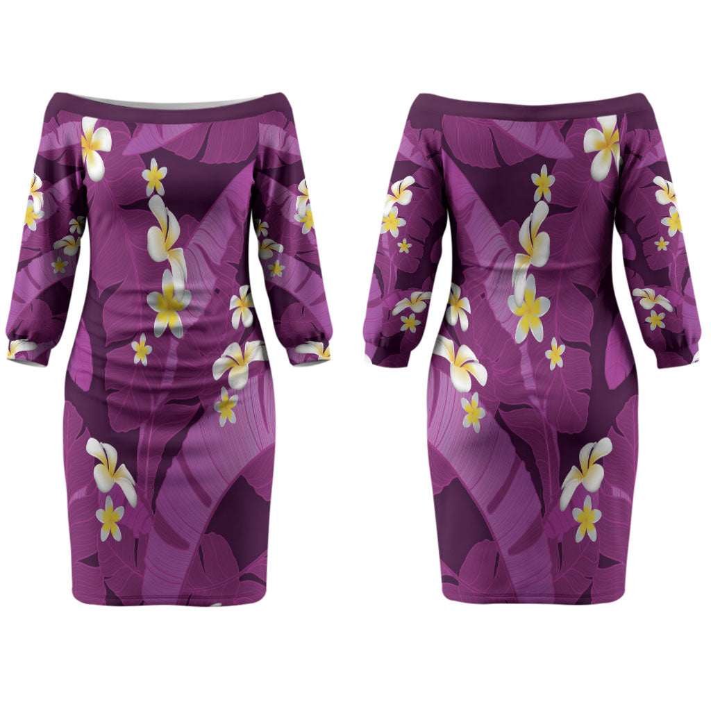 Purple Banana Leaf Hawaii Couples Matching Off The Shoulder Long Sleeve Dress and Long Sleeve Button Shirt Lau Maia Plumeria Tropical Summer Vibes
