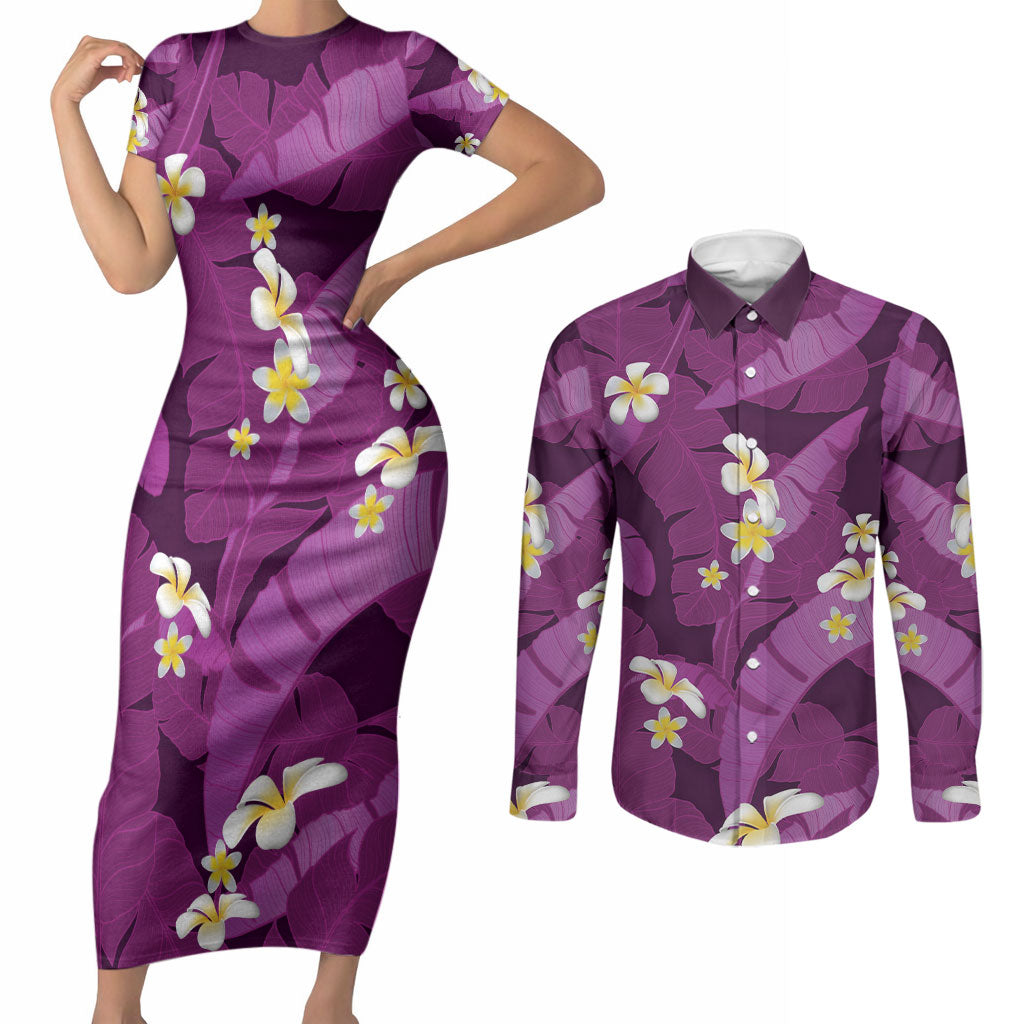 Purple Banana Leaf Hawaii Couples Matching Short Sleeve Bodycon Dress and Long Sleeve Button Shirt Lau Maia Plumeria Tropical Summer Vibes