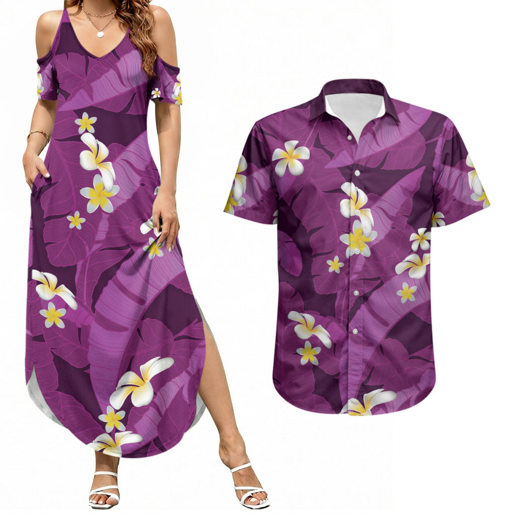 Purple Banana Leaf Hawaii Couples Matching Summer Maxi Dress and Hawaiian Shirt Lau Maia Plumeria Tropical Summer Vibes LT14 Purple - Polynesian Pride