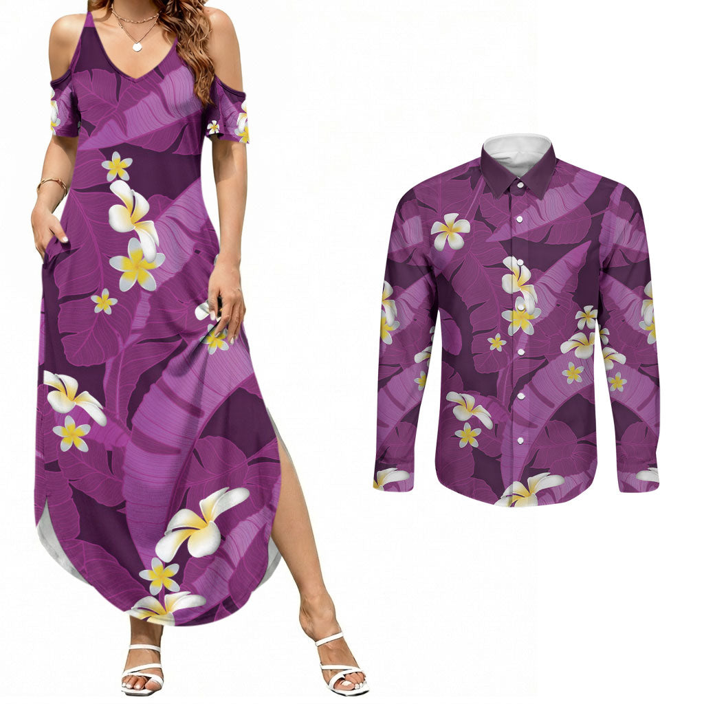 Purple Banana Leaf Hawaii Couples Matching Summer Maxi Dress and Long Sleeve Button Shirt Lau Maia Plumeria Tropical Summer Vibes