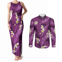 Purple Banana Leaf Hawaii Couples Matching Tank Maxi Dress and Long Sleeve Button Shirt Lau Maia Plumeria Tropical Summer Vibes