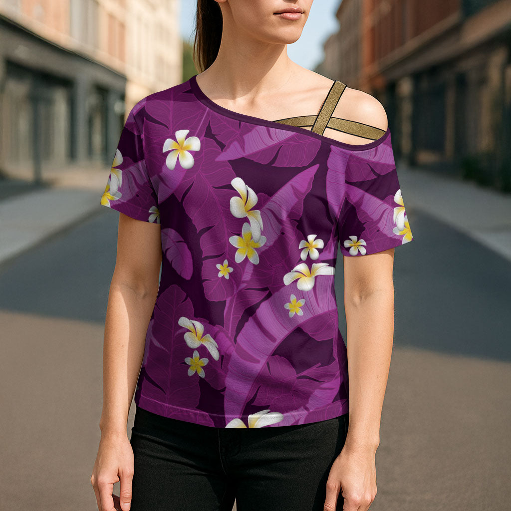 Purple Banana Leaf Hawaii Cross Shoulder Shirt Lau Maia Plumeria Tropical Summer Vibes