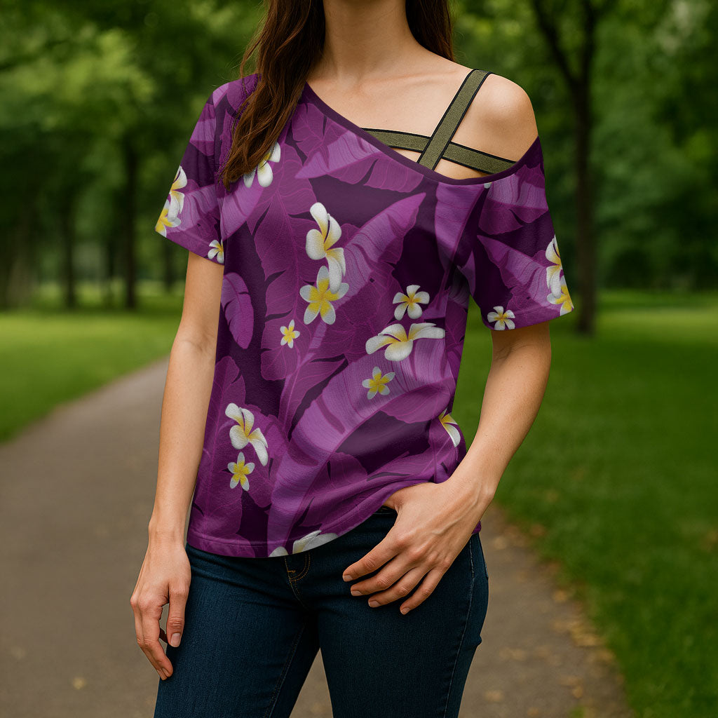 Purple Banana Leaf Hawaii Cross Shoulder Shirt Lau Maia Plumeria Tropical Summer Vibes