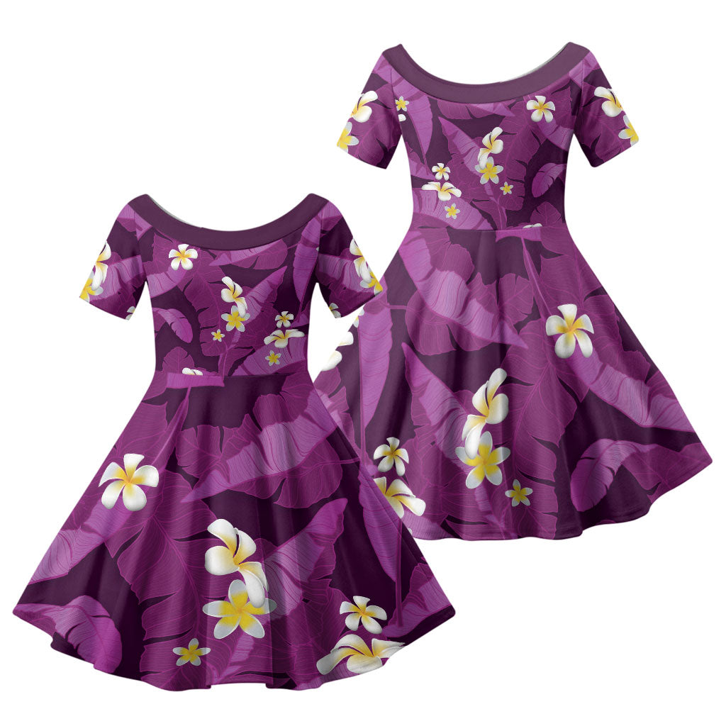Purple Banana Leaf Hawaii Family Matching Off The Shoulder Long Sleeve Dress and Hawaiian Shirt Lau Maia Plumeria Tropical Summer Vibes