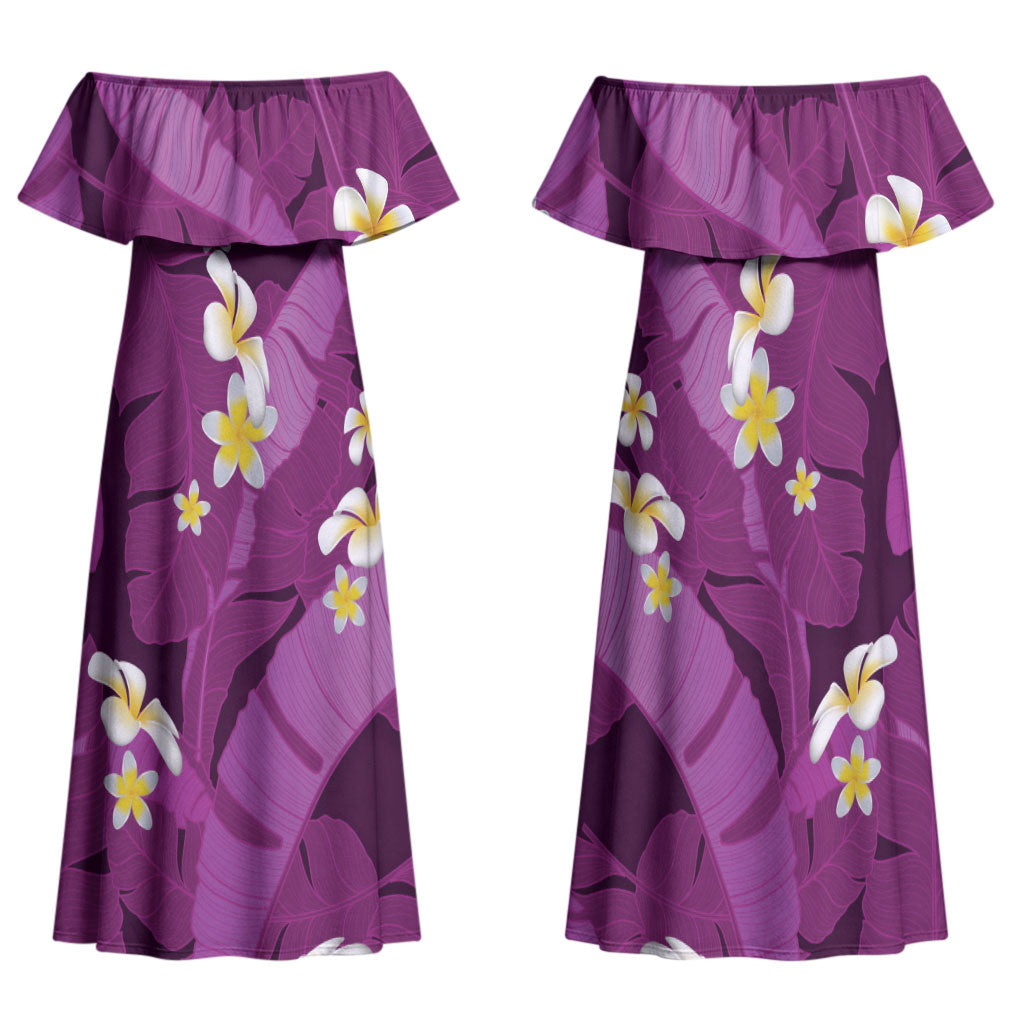 Purple Banana Leaf Hawaii Family Matching Off Shoulder Maxi Dress and Hawaiian Shirt Lau Maia Plumeria Tropical Summer Vibes