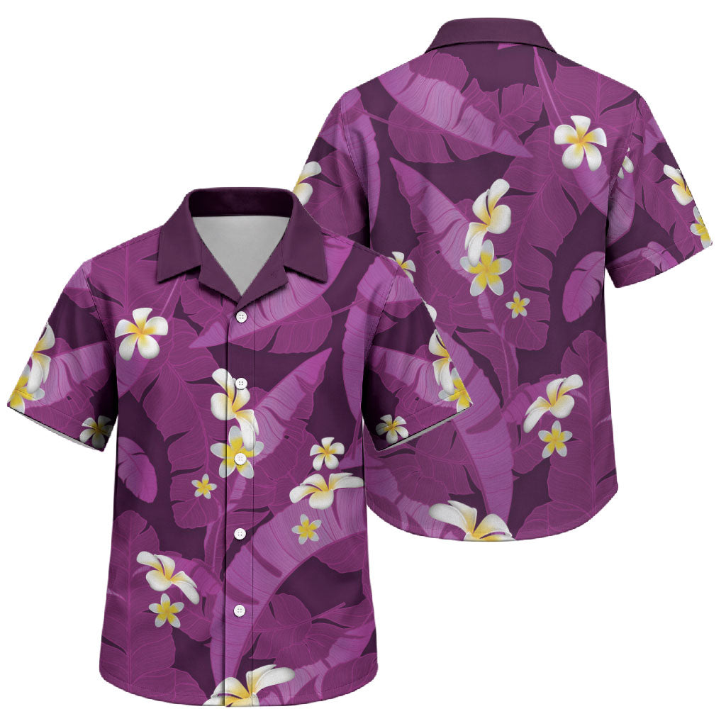 Purple Banana Leaf Hawaii Family Matching Puletasi and Hawaiian Shirt Lau Maia Plumeria Tropical Summer Vibes