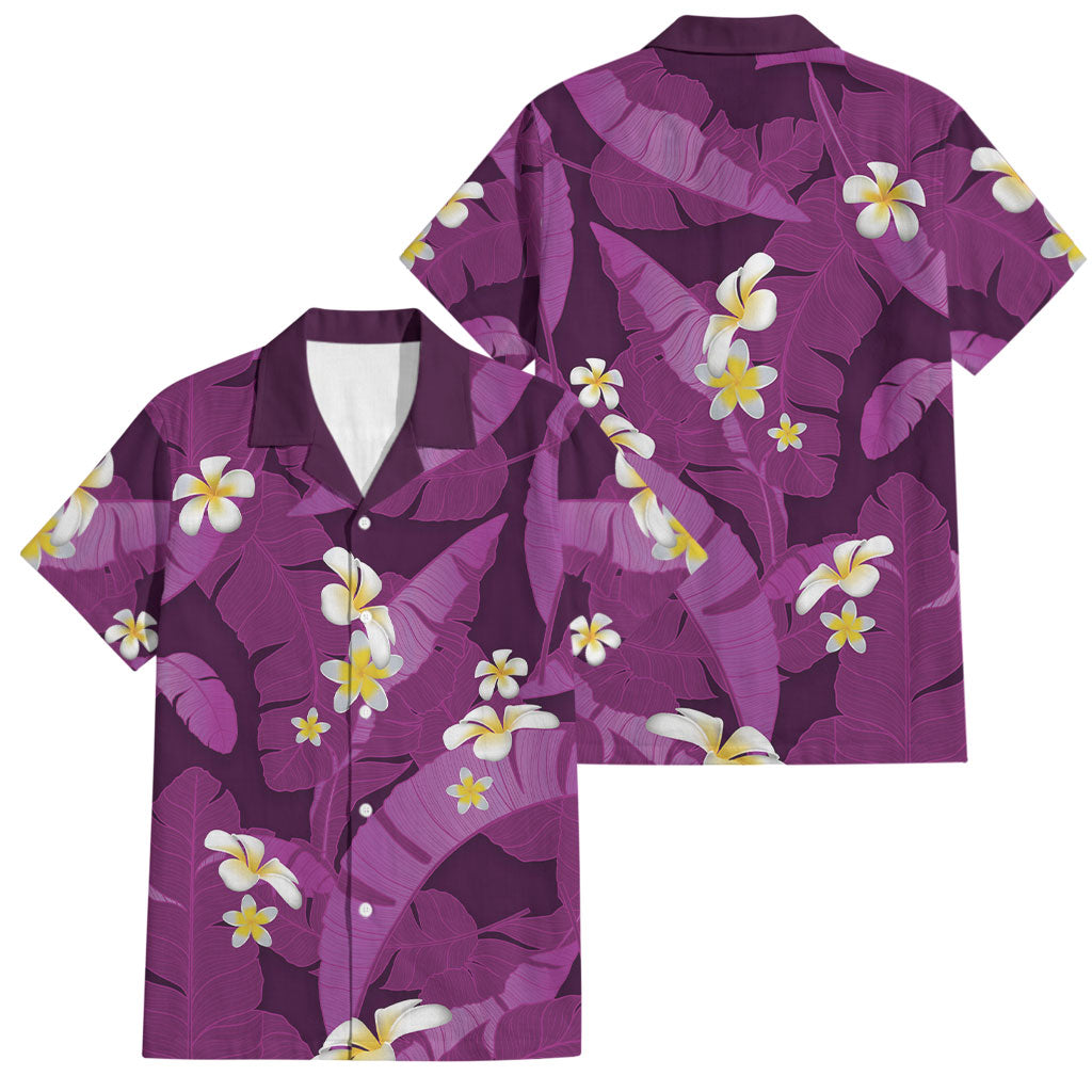 Purple Banana Leaf Hawaii Family Matching Short Sleeve Bodycon Dress and Hawaiian Shirt Lau Maia Plumeria Tropical Summer Vibes
