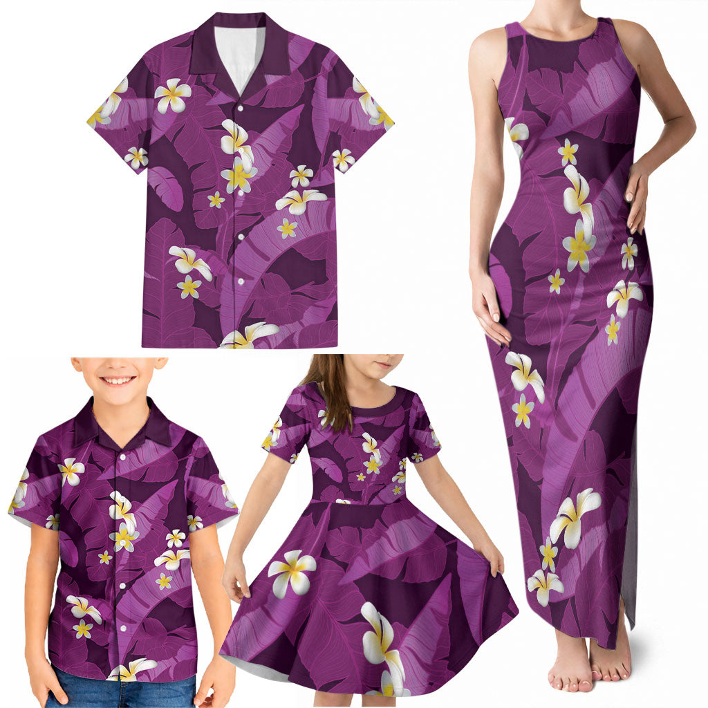 Purple Banana Leaf Hawaii Family Matching Tank Maxi Dress and Hawaiian Shirt Lau Maia Plumeria Tropical Summer Vibes
