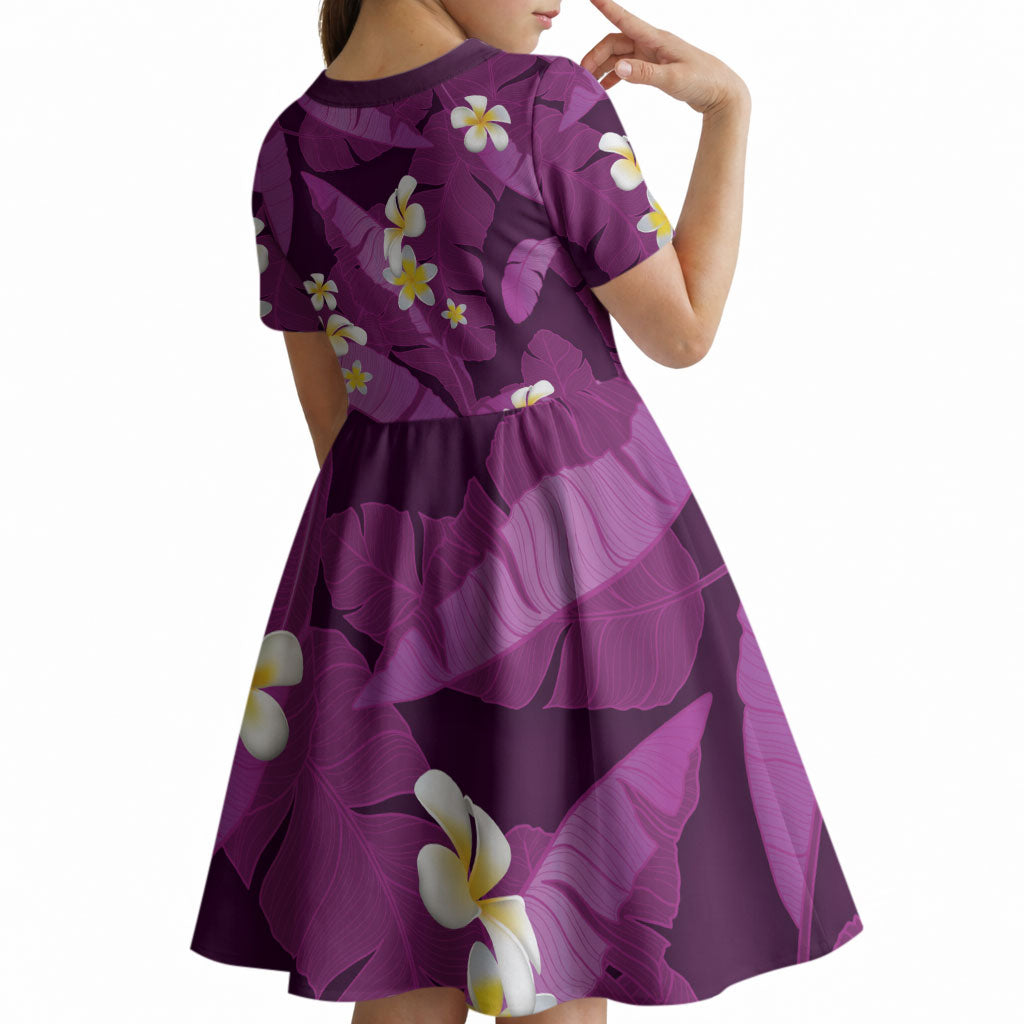 Purple Banana Leaf Hawaii Kid Short Sleeve Dress Lau Maia Plumeria Tropical Summer Vibes