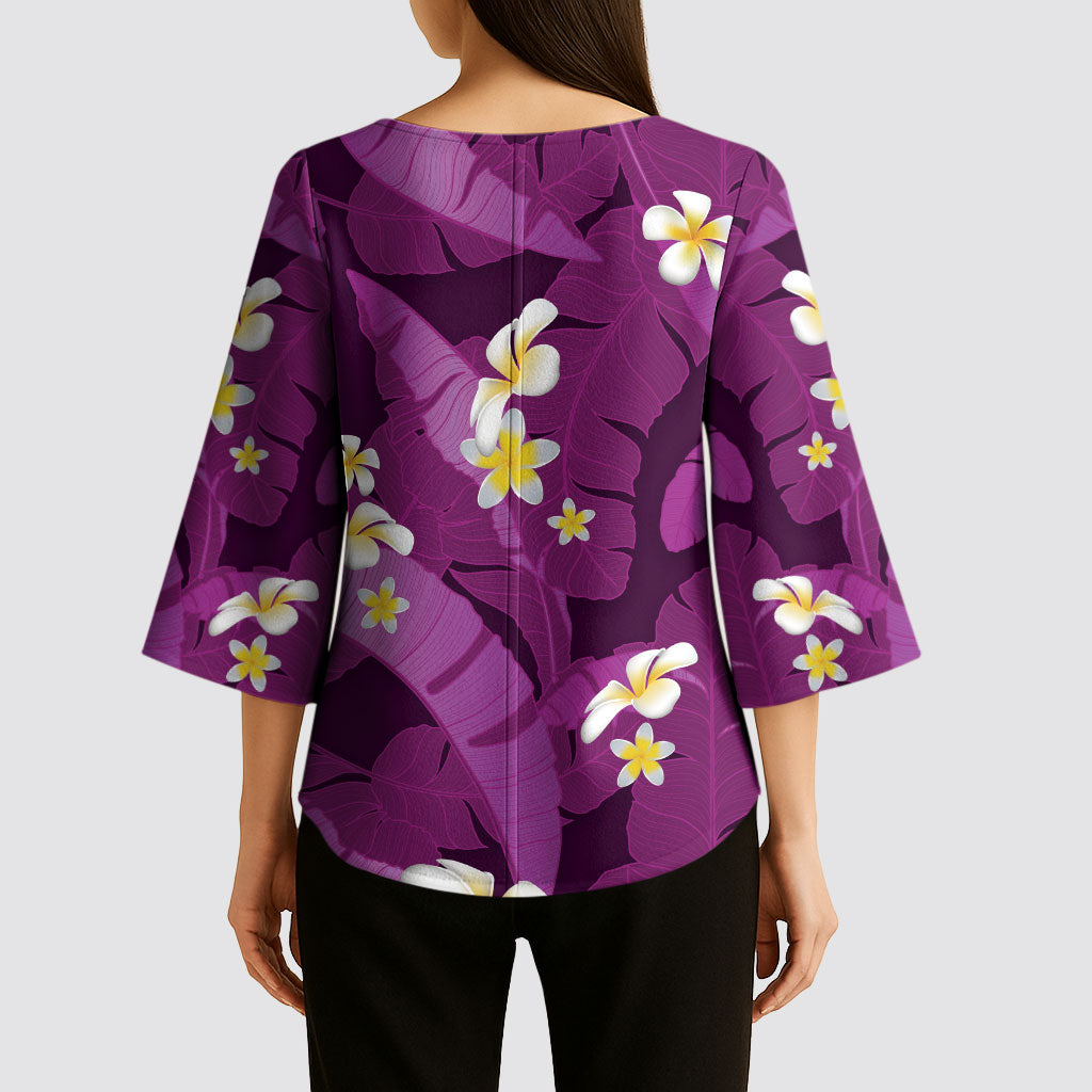 Purple Banana Leaf Hawaii Kimono Sleeve Blouse Lau Maia Plumeria Tropical Summer Vibes