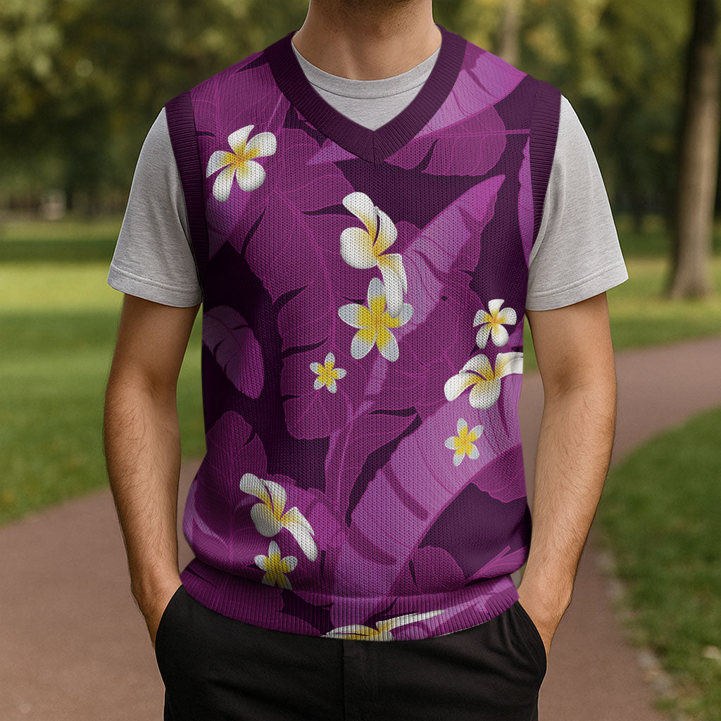 Purple Banana Leaf Hawaii Christmas Knitted V-Neck Vest Lau Maia Plumeria Tropical Summer Vibes LT14 - Polynesian Pride