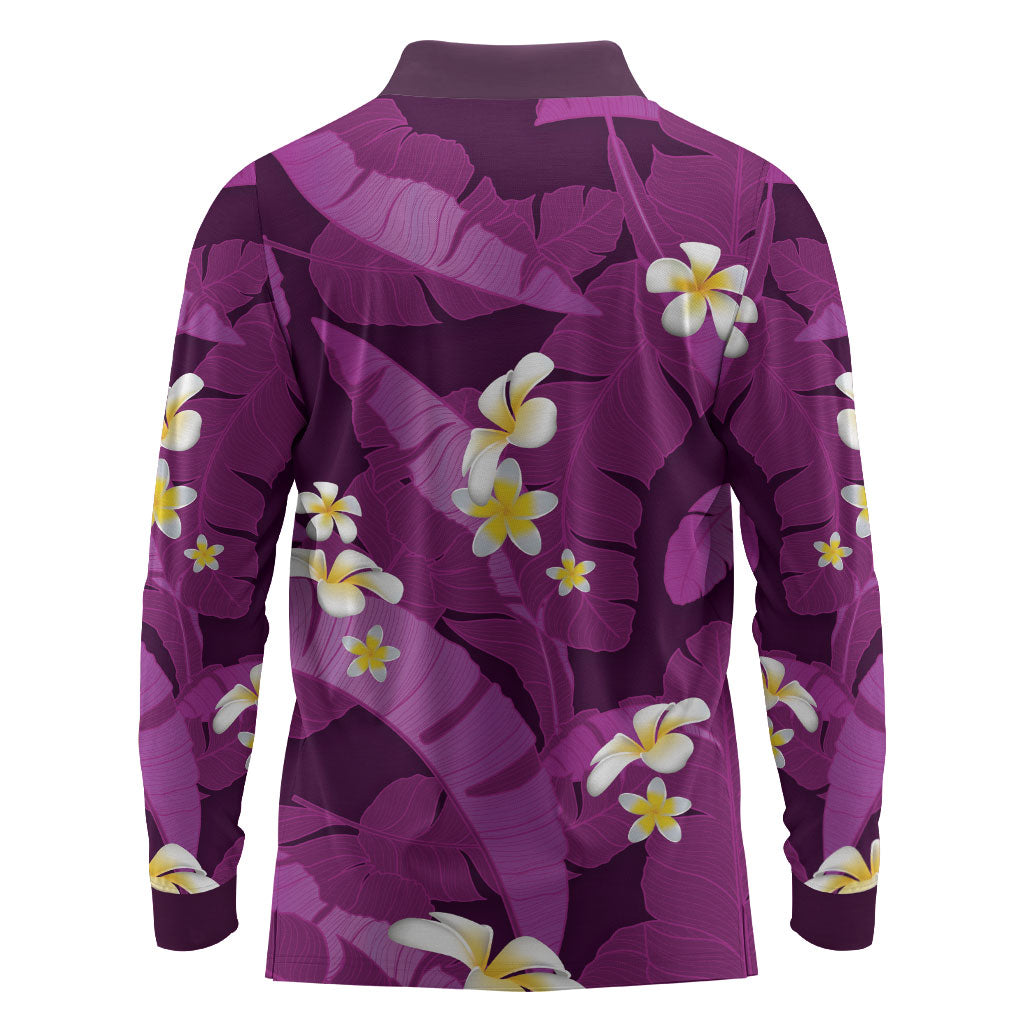 Purple Banana Leaf Hawaii Long Sleeve Polo Shirt Lau Maia Plumeria Tropical Summer Vibes