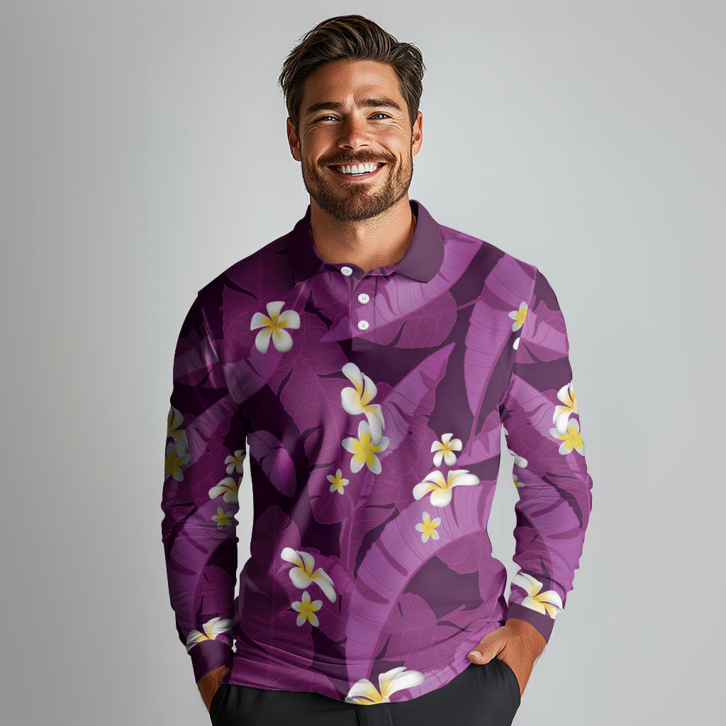 Purple Banana Leaf Hawaii Long Sleeve Polo Shirt Lau Maia Plumeria Tropical Summer Vibes