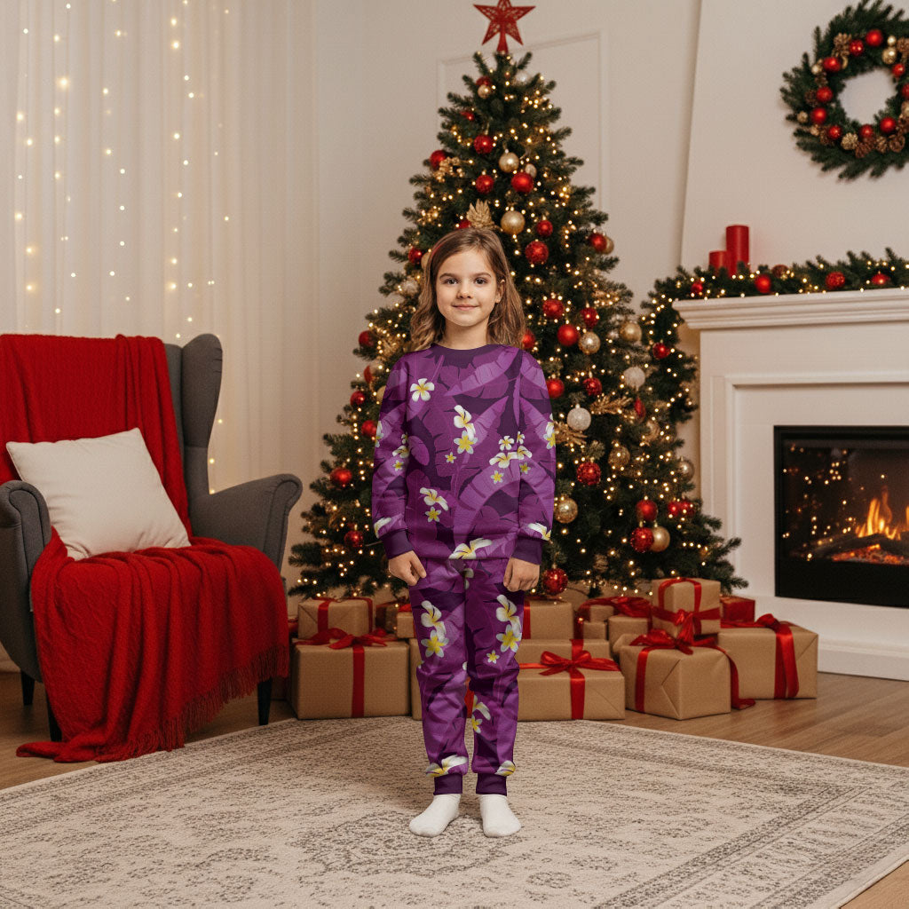 Purple Banana Leaf Hawaii Christmas Pajama Set Lau Maia Plumeria Tropical Summer Vibes LT14 Kid Purple - Polynesian Pride