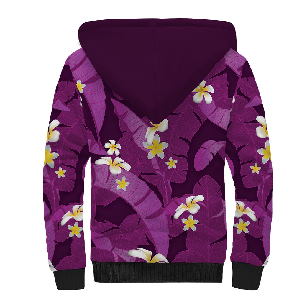 Purple Banana Leaf Hawaii Sherpa Hoodie Lau Maia Plumeria Tropical Summer Vibes