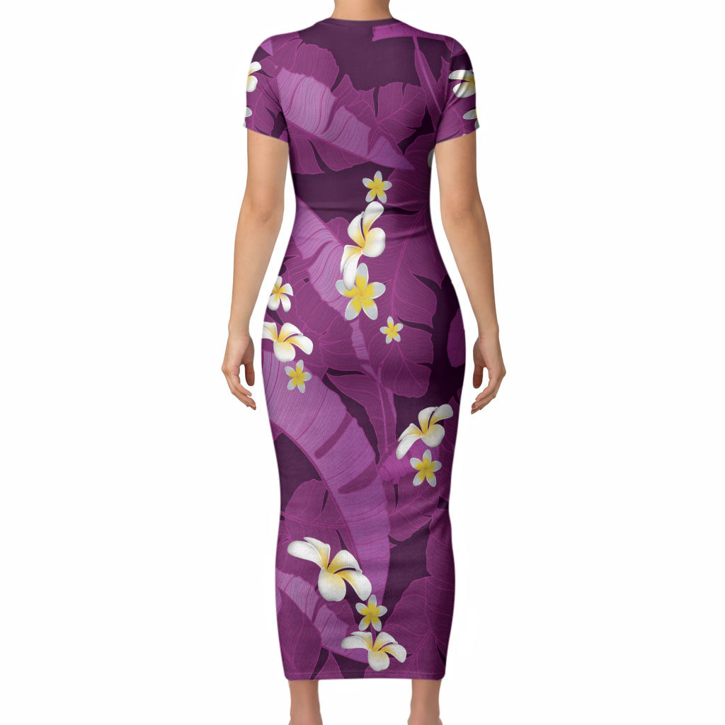 Purple Banana Leaf Hawaii Short Sleeve Bodycon Dress Lau Maia Plumeria Tropical Summer Vibes