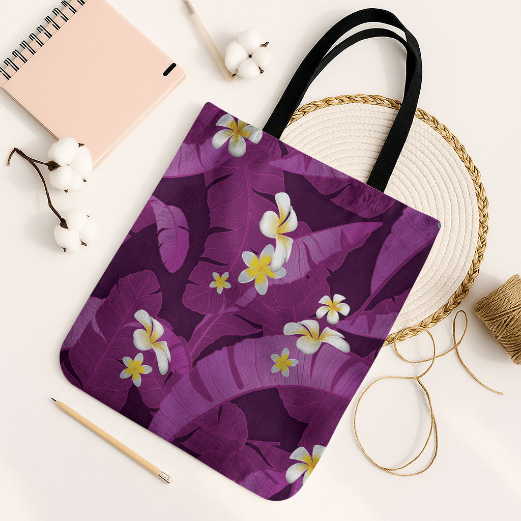 Purple Banana Leaf Hawaii Tote Bag Lau Maia Plumeria Tropical Summer Vibes