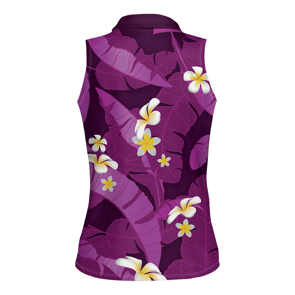 Purple Banana Leaf Hawaii Women Sleeveless Polo Shirt Lau Maia Plumeria Tropical Summer Vibes