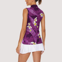 Purple Banana Leaf Hawaii Women Sleeveless Polo Shirt Lau Maia Plumeria Tropical Summer Vibes