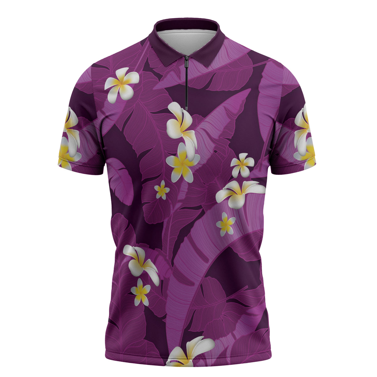 Purple Banana Leaf Hawaii Zipper Polo Shirt Lau Maia Plumeria Tropical Summer Vibes