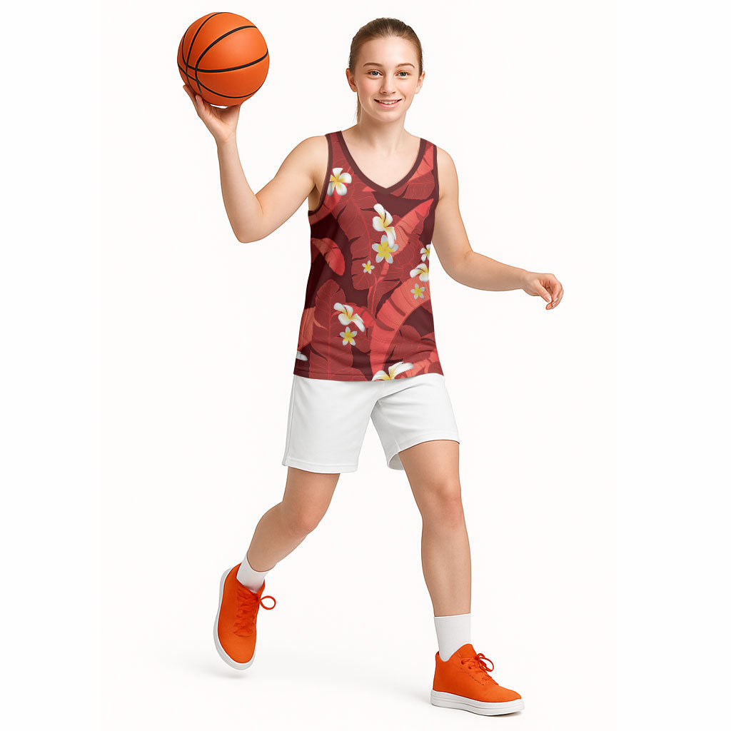 Red Banana Leaf Hawaii Basketball Jersey Lau Maia Plumeria Tropical Summer Vibes