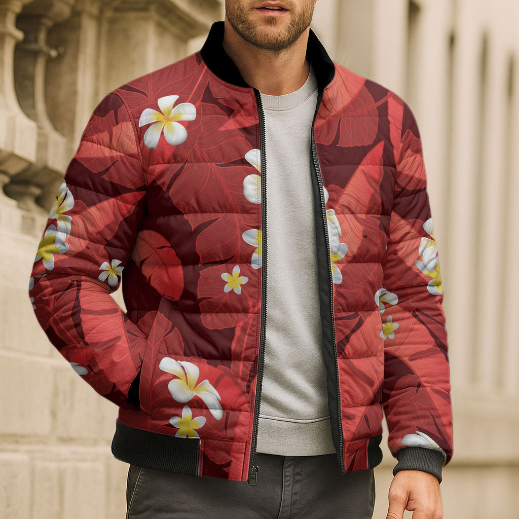 Red Banana Leaf Hawaii Bomber Puffer Jacket Lau Maia Plumeria Tropical Summer Vibes