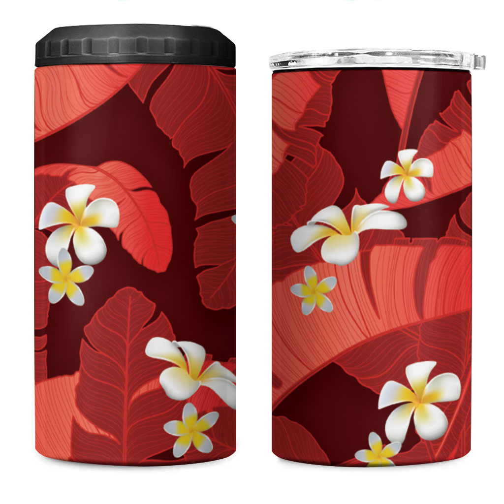 Red Banana Leaf Hawaii 4 in 1 Can Cooler Tumbler Lau Maia Plumeria Tropical Summer Vibes