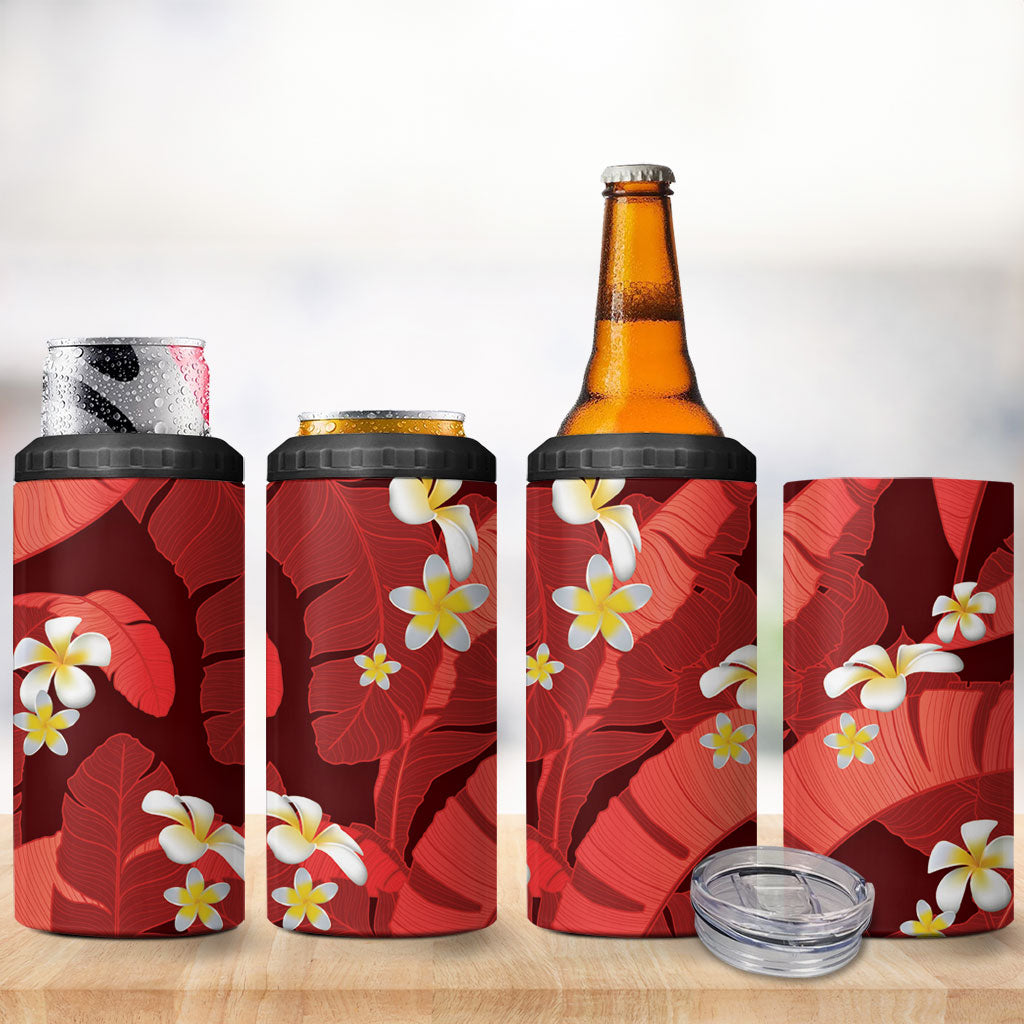 Red Banana Leaf Hawaii 4 in 1 Can Cooler Tumbler Lau Maia Plumeria Tropical Summer Vibes
