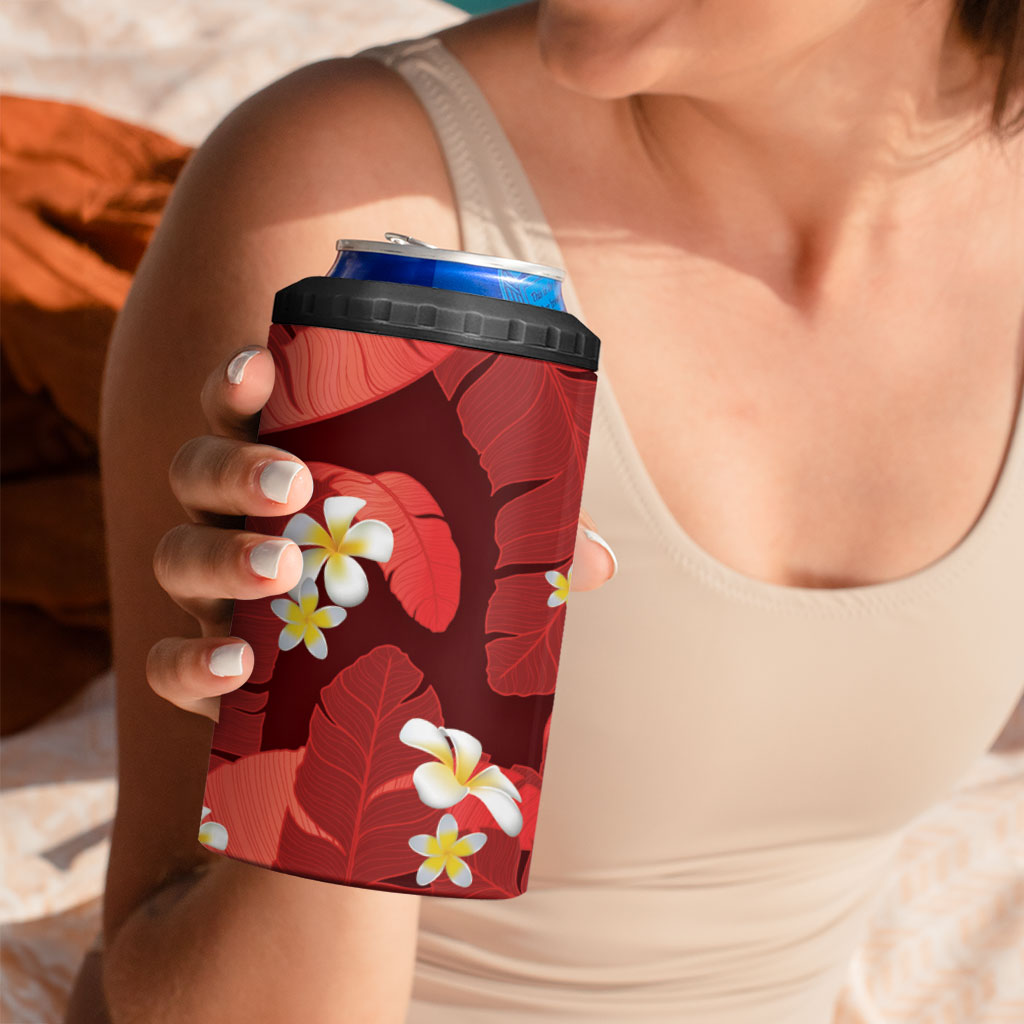 Red Banana Leaf Hawaii 4 in 1 Can Cooler Tumbler Lau Maia Plumeria Tropical Summer Vibes