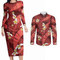 Red Banana Leaf Hawaii Couples Matching Long Sleeve Bodycon Dress and Long Sleeve Button Shirt Lau Maia Plumeria Tropical Summer Vibes