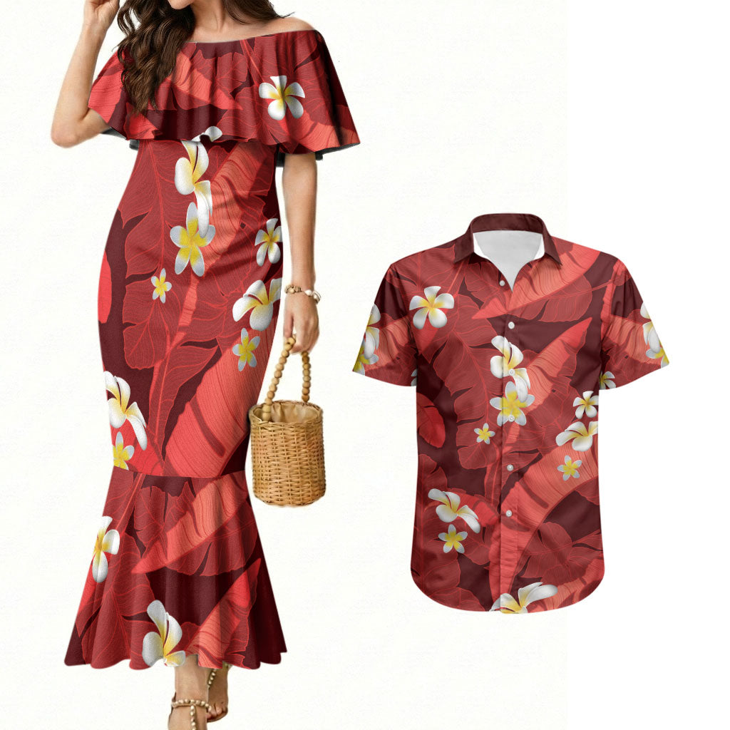 Red Banana Leaf Hawaii Couples Matching Mermaid Dress and Hawaiian Shirt Lau Maia Plumeria Tropical Summer Vibes