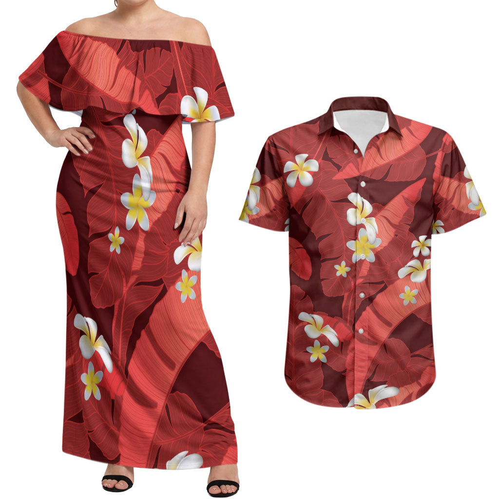 Red Banana Leaf Hawaii Couples Matching Off Shoulder Maxi Dress and Hawaiian Shirt Lau Maia Plumeria Tropical Summer Vibes