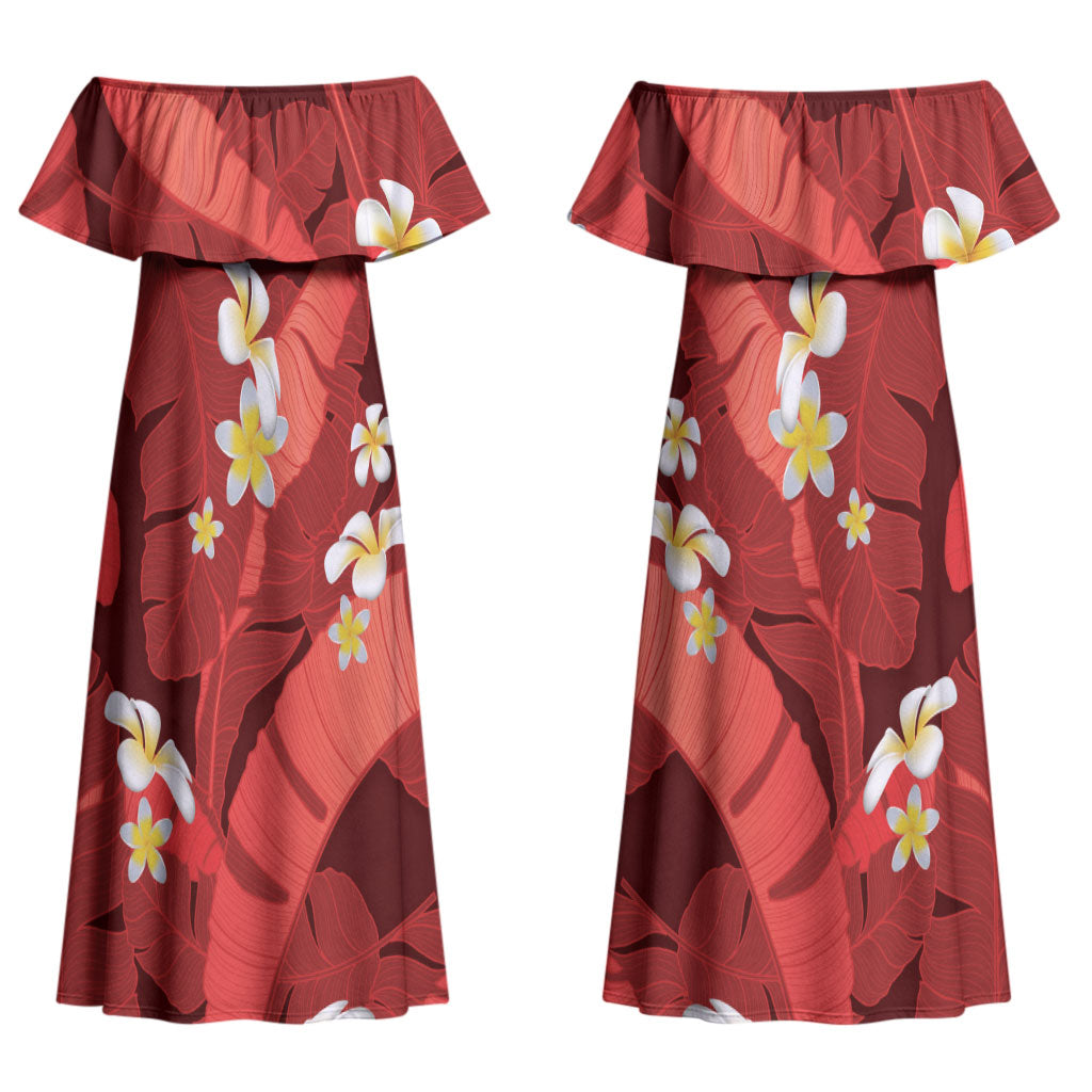 Red Banana Leaf Hawaii Couples Matching Off Shoulder Maxi Dress and Hawaiian Shirt Lau Maia Plumeria Tropical Summer Vibes