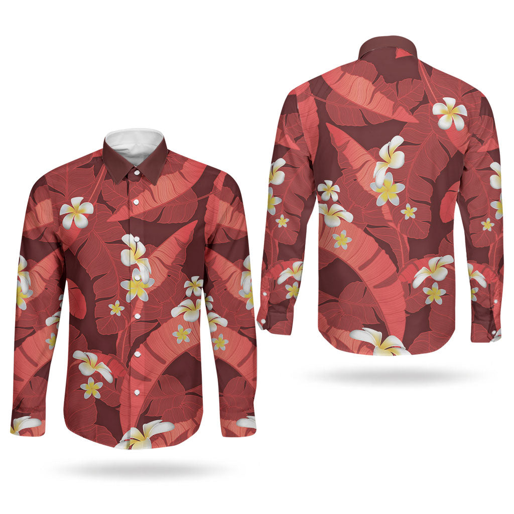 Red Banana Leaf Hawaii Couples Matching Off Shoulder Maxi Dress and Long Sleeve Button Shirt Lau Maia Plumeria Tropical Summer Vibes