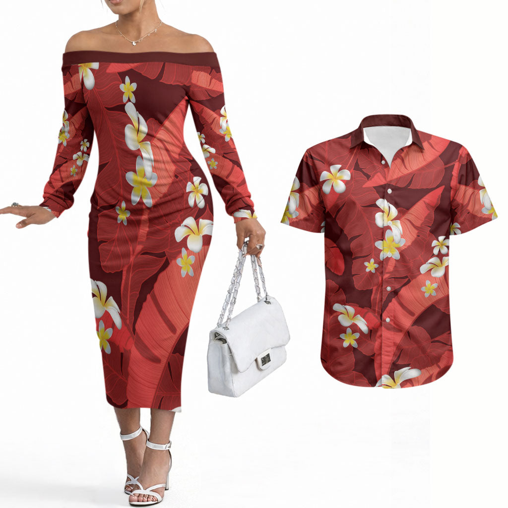 Red Banana Leaf Hawaii Couples Matching Off The Shoulder Long Sleeve Dress and Hawaiian Shirt Lau Maia Plumeria Tropical Summer Vibes LT14 Red - Polynesian Pride