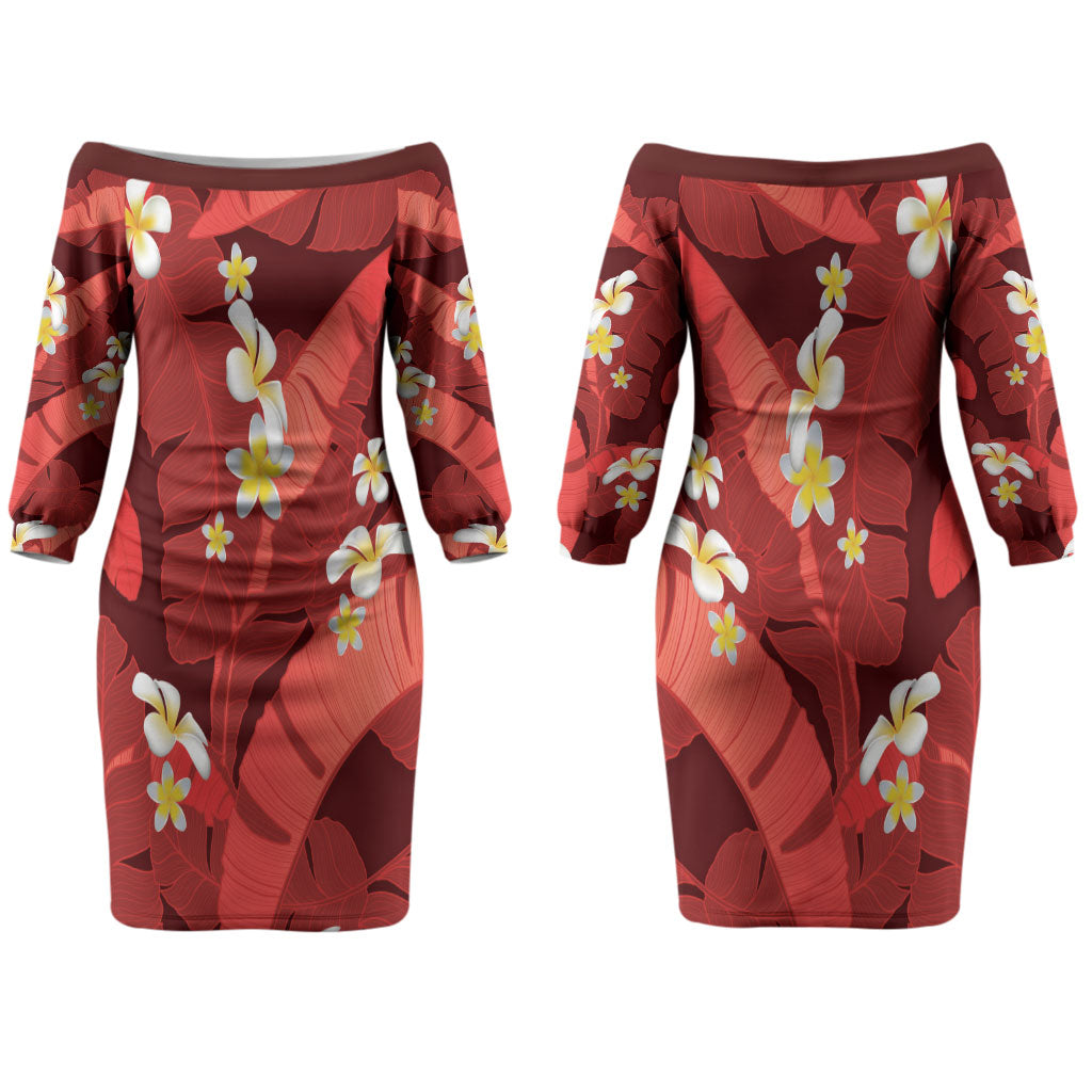 Red Banana Leaf Hawaii Couples Matching Off The Shoulder Long Sleeve Dress and Hawaiian Shirt Lau Maia Plumeria Tropical Summer Vibes