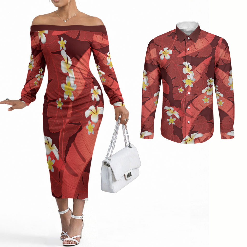 Red Banana Leaf Hawaii Couples Matching Off The Shoulder Long Sleeve Dress and Long Sleeve Button Shirt Lau Maia Plumeria Tropical Summer Vibes