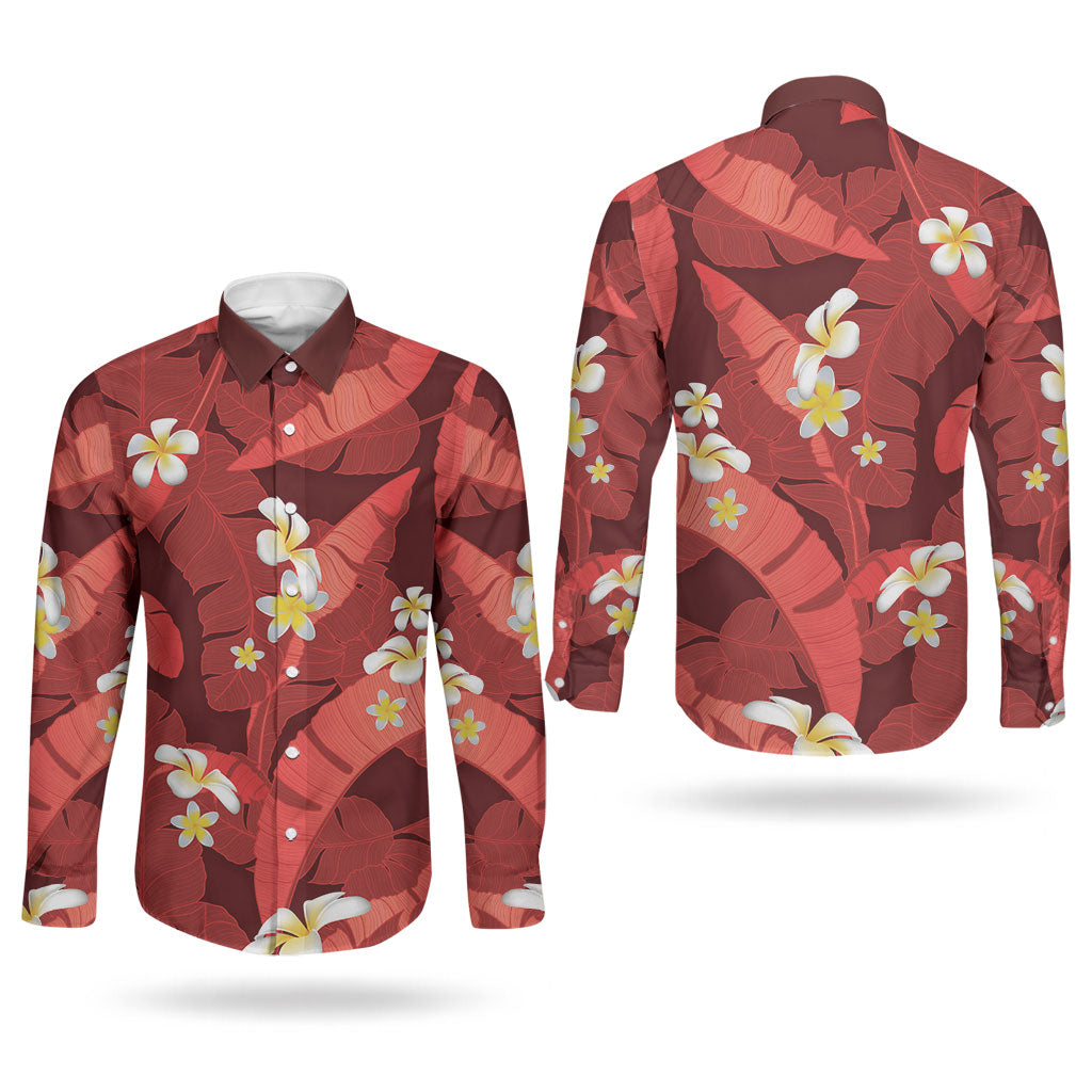 Red Banana Leaf Hawaii Couples Matching Puletasi and Long Sleeve Button Shirt Lau Maia Plumeria Tropical Summer Vibes