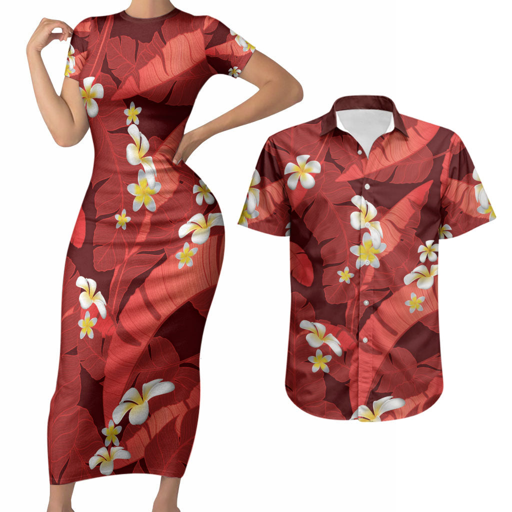 Red Banana Leaf Hawaii Couples Matching Short Sleeve Bodycon Dress and Hawaiian Shirt Lau Maia Plumeria Tropical Summer Vibes