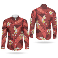 Red Banana Leaf Hawaii Couples Matching Short Sleeve Bodycon Dress and Long Sleeve Button Shirt Lau Maia Plumeria Tropical Summer Vibes