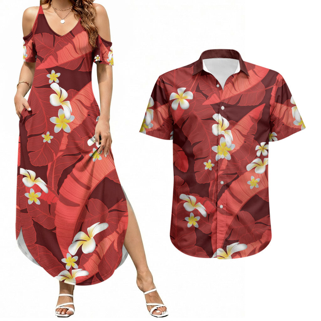 Red Banana Leaf Hawaii Couples Matching Summer Maxi Dress and Hawaiian Shirt Lau Maia Plumeria Tropical Summer Vibes