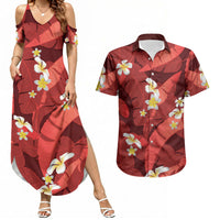 Red Banana Leaf Hawaii Couples Matching Summer Maxi Dress and Hawaiian Shirt Lau Maia Plumeria Tropical Summer Vibes