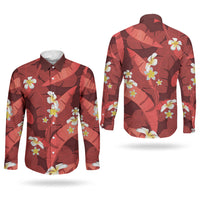 Red Banana Leaf Hawaii Couples Matching Summer Maxi Dress and Long Sleeve Button Shirt Lau Maia Plumeria Tropical Summer Vibes