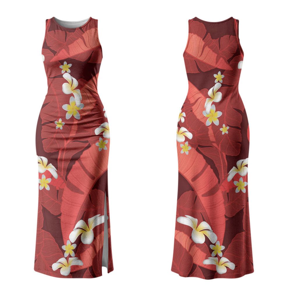 Red Banana Leaf Hawaii Couples Matching Tank Maxi Dress and Long Sleeve Button Shirt Lau Maia Plumeria Tropical Summer Vibes
